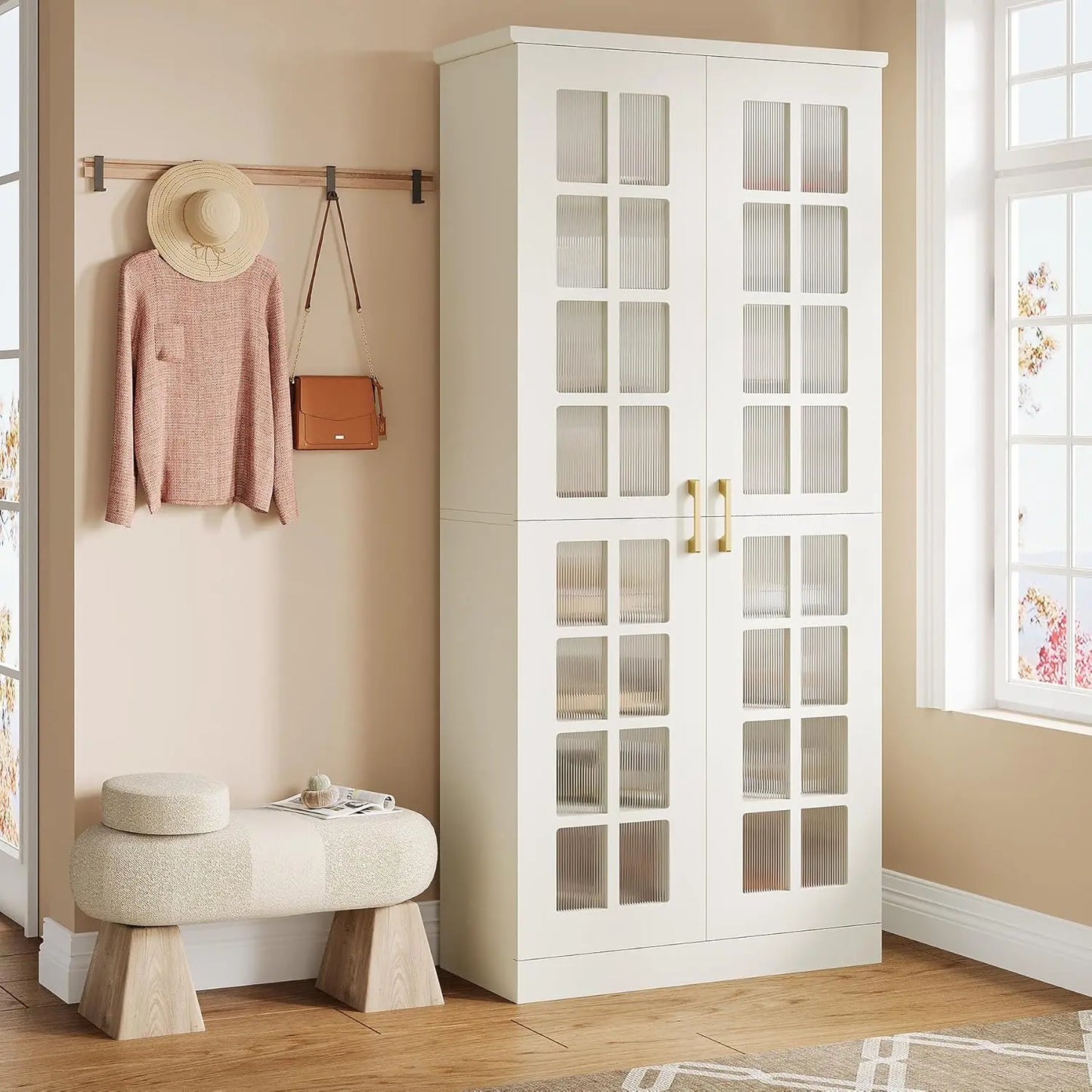 71 Inch Modern White Gold Shoe Cabinet 8 Tier Adjustable Storage Organizer