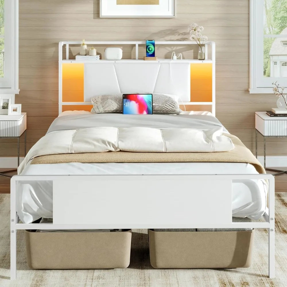 Twin Bed Frame Upholstered Headboard LED Charging Station Storage