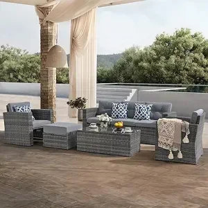 7 Piece Outdoor Patio Furniture Set Sectional Sofa with Ottoman