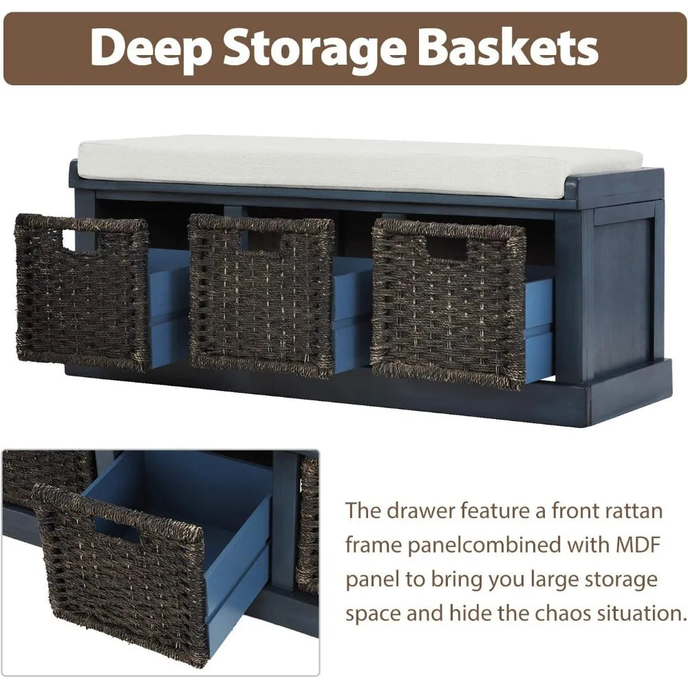 Rustic Storage Bench Entryway Bench with Rattan Baskets and Cushion