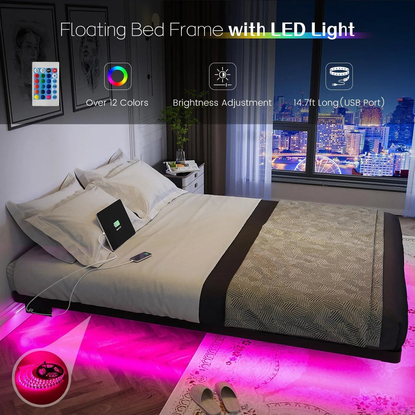 Floating Bed Frame Queen Size with LED Lights and Charging Station