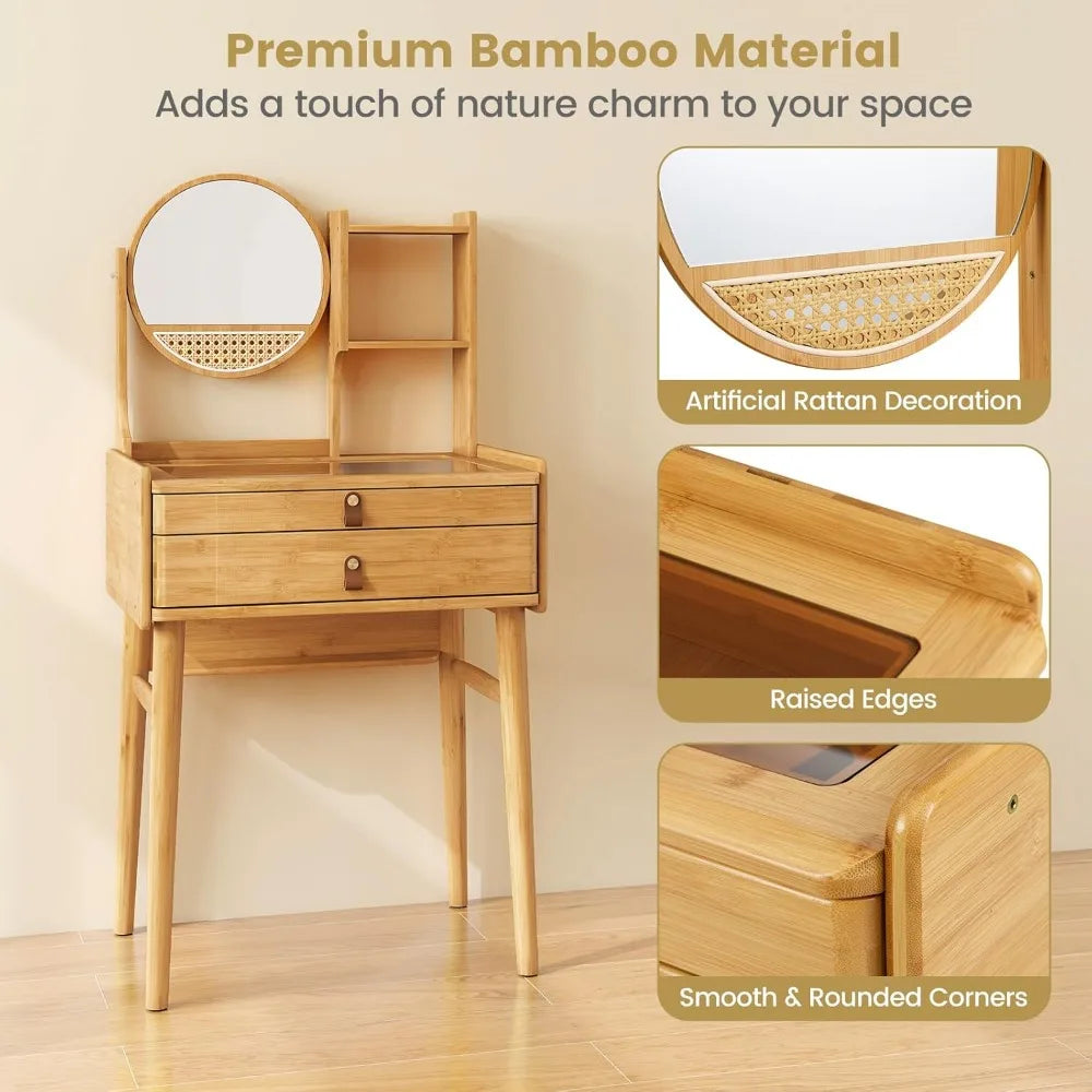 Small Bamboo Vanity Desk with Mirror Glass Top Storage Shelves