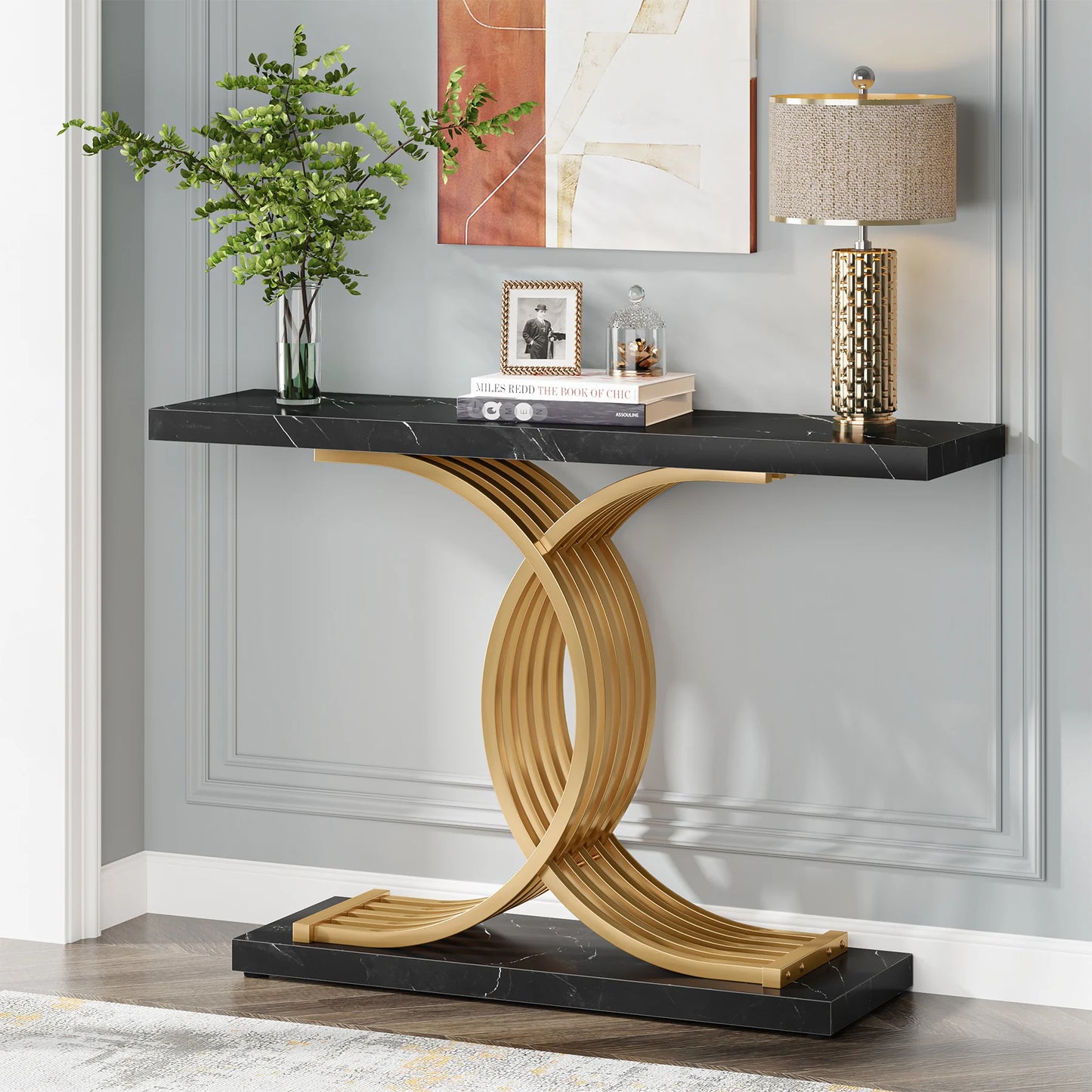 Ljustra Modern 39-Inch Console Table Faux Marble Gold Metal Legs