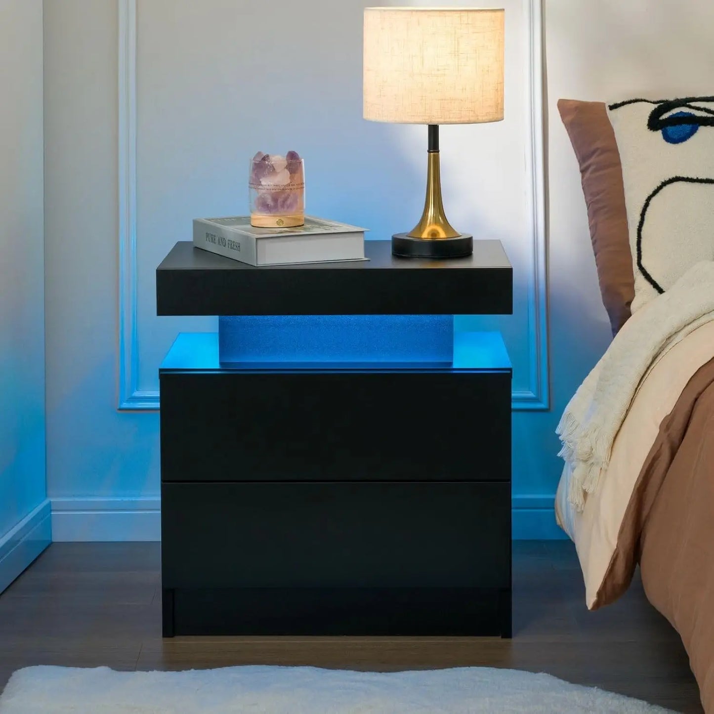 Nightstand Set of 2 LED Bedside Table with 2 Drawers for Bedroom