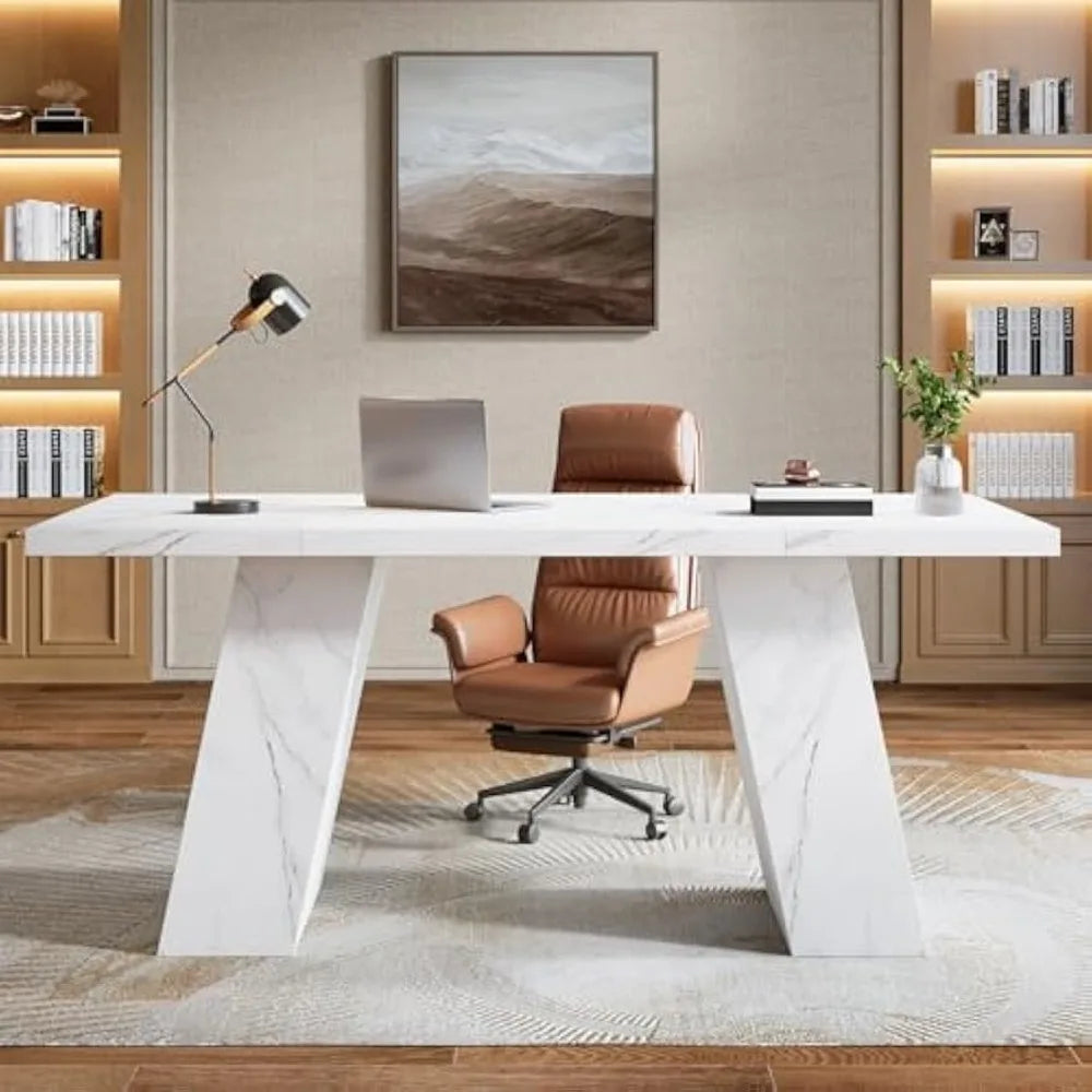 Modern Executive Desk 63 Inch Wooden Faux Marble Computer Workstation