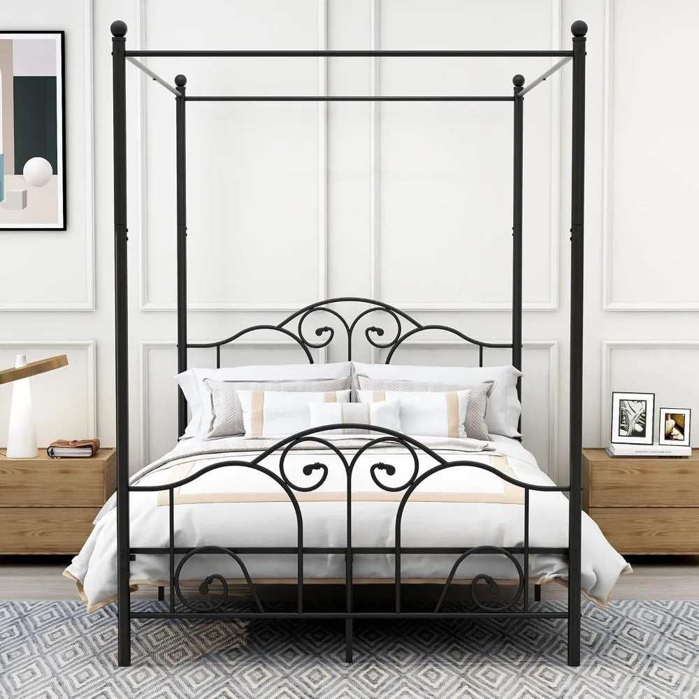 Full Size Four-Poster Metal Canopy Bed Frame with Headboard and Footboard