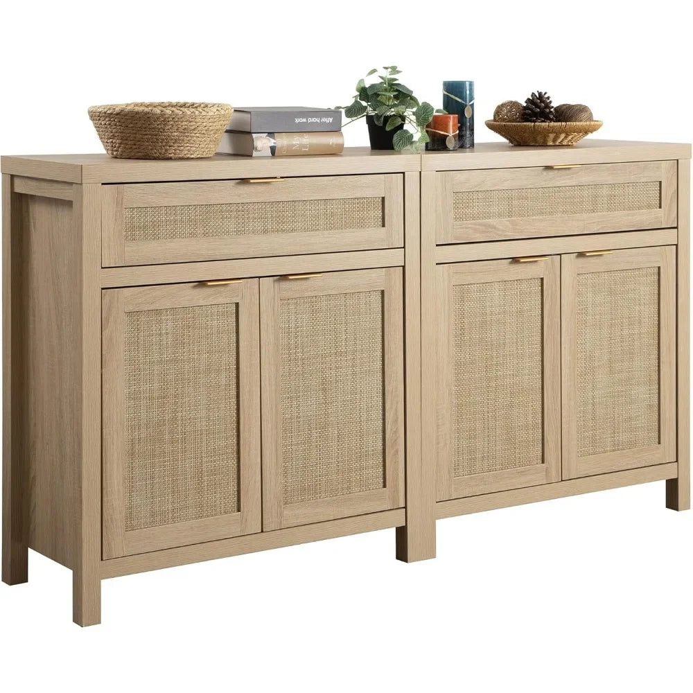 Buffet Storage Cabinet 2-piece Set Bohemian Rattan Sideboard Console