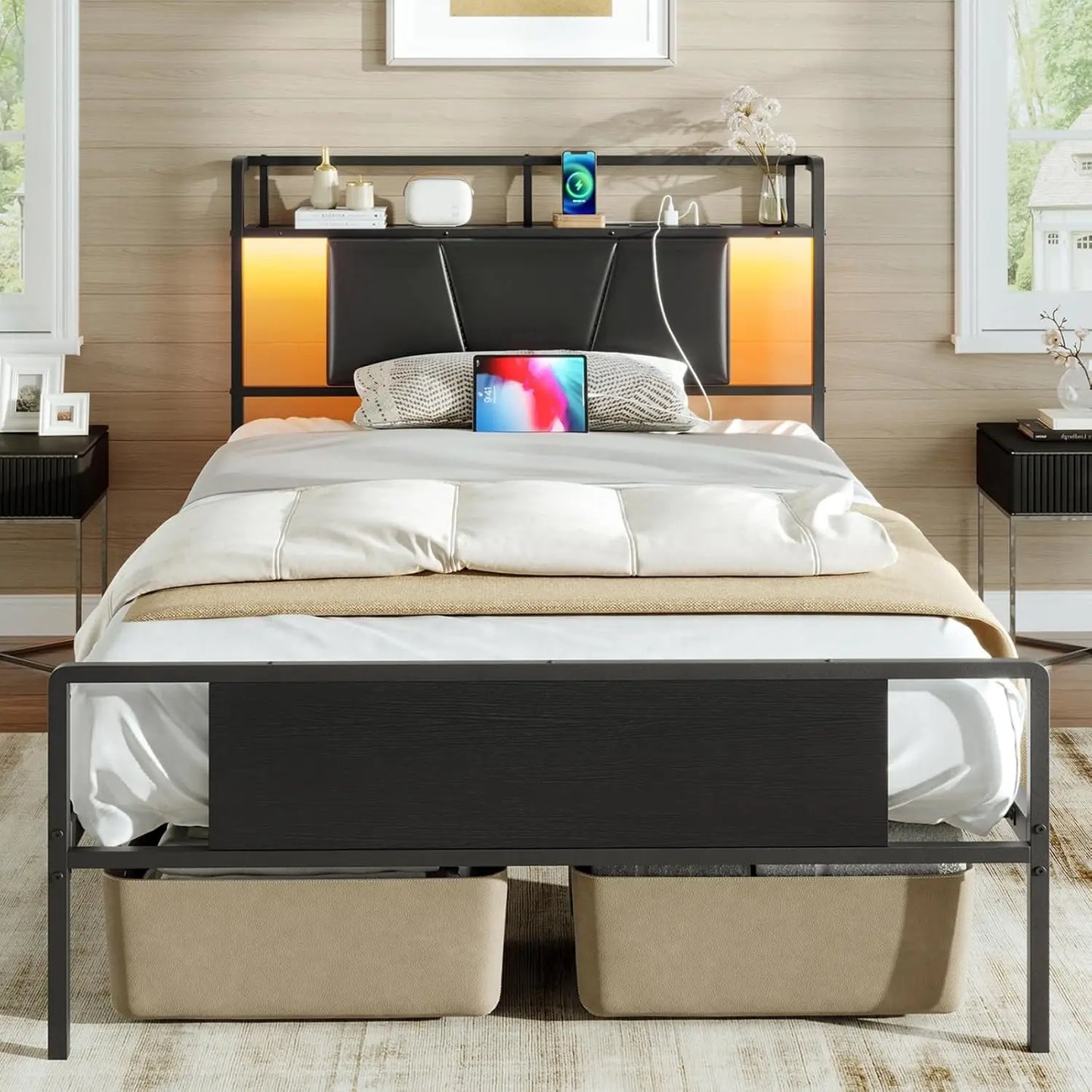Twin Bed Frame Upholstered Headboard LED Charging Station Storage
