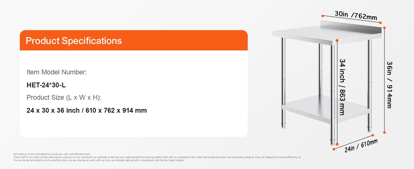 SucceBuy Stainless Steel Work Table Heavy Duty Adjustable Kitchen Table