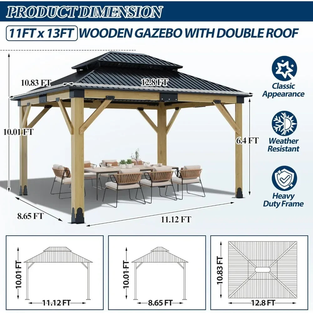 Heavy Duty Hardtop Gazebo 11FTx13FT Outdoor Cedar Wooden Gazebo