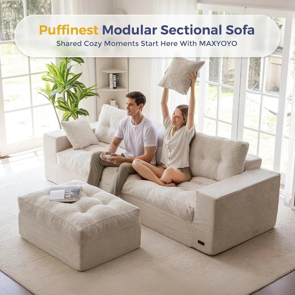 L-Shaped Sectional Sofa Convertible Ottoman Modular Couch Tufted Upholstered