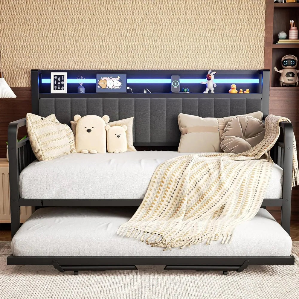 Twin Size Daybed with Trundle LED Lighting Upholstered Headboard Charging Station