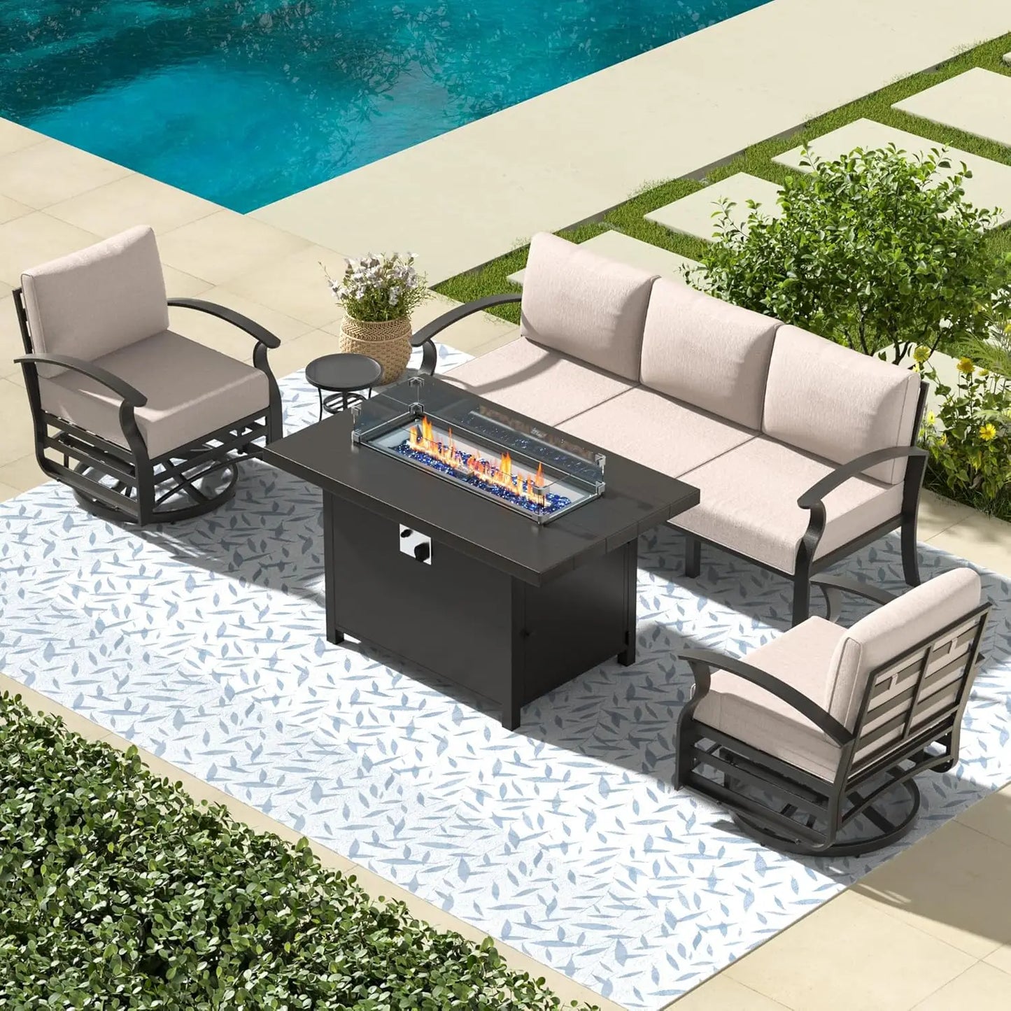 Ljustra Aluminum Patio Furniture Set Fire Pit Table Swivel Chairs Sofa