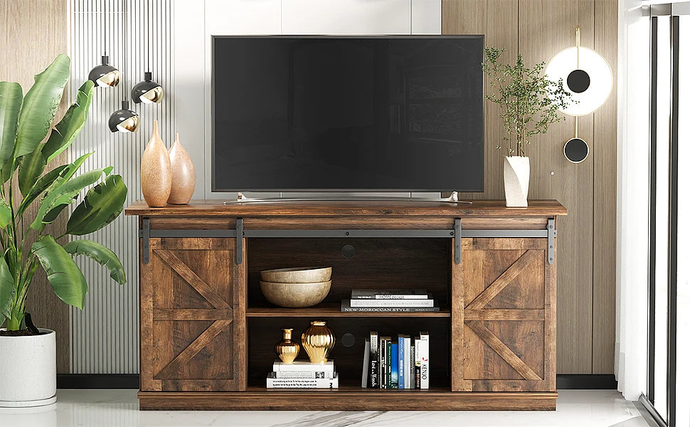 TV Stand for 65 Inch TVs with Sliding Barn Doors and Storage Cabinets