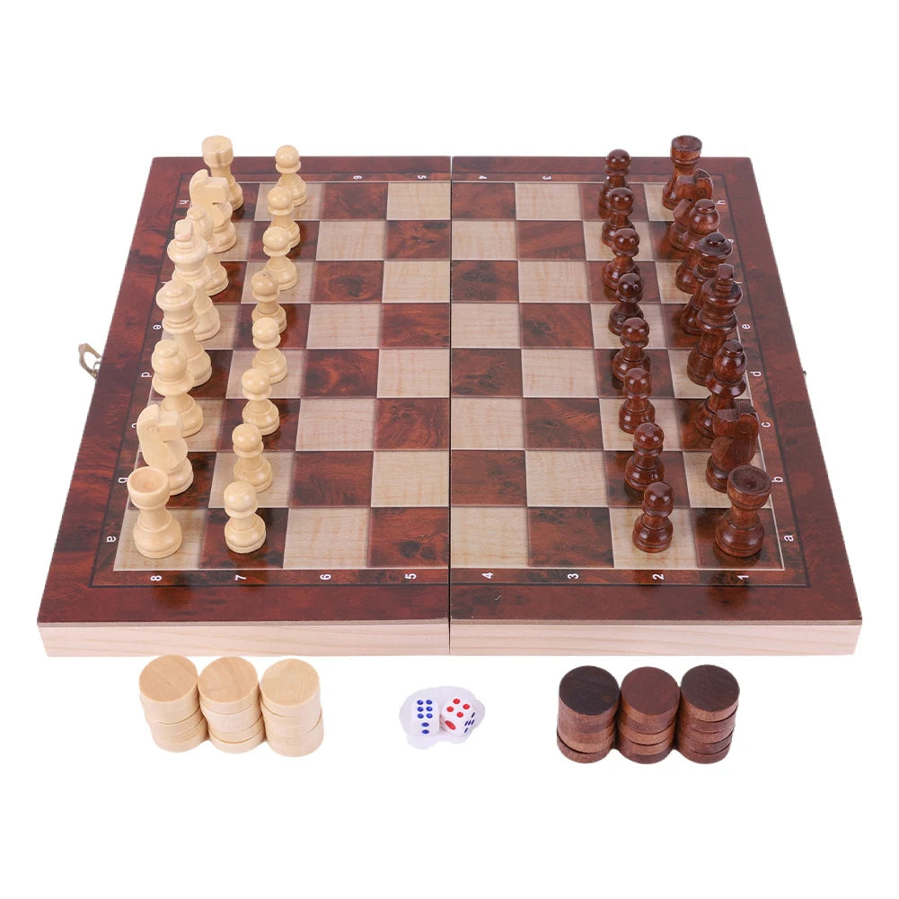3 in 1 Chess Checkers Backgammon Wooden Game Set for Kids and Adults