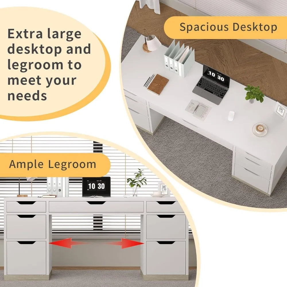 54 Inch White Desk with 7 Storage Drawers Home Office Computer Desk