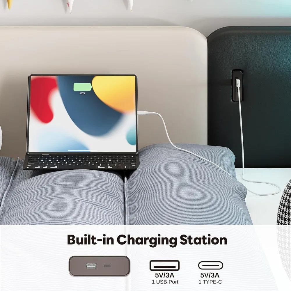 Daybed with Trundle Twin Bed Frame Upholstered LED USB Charging