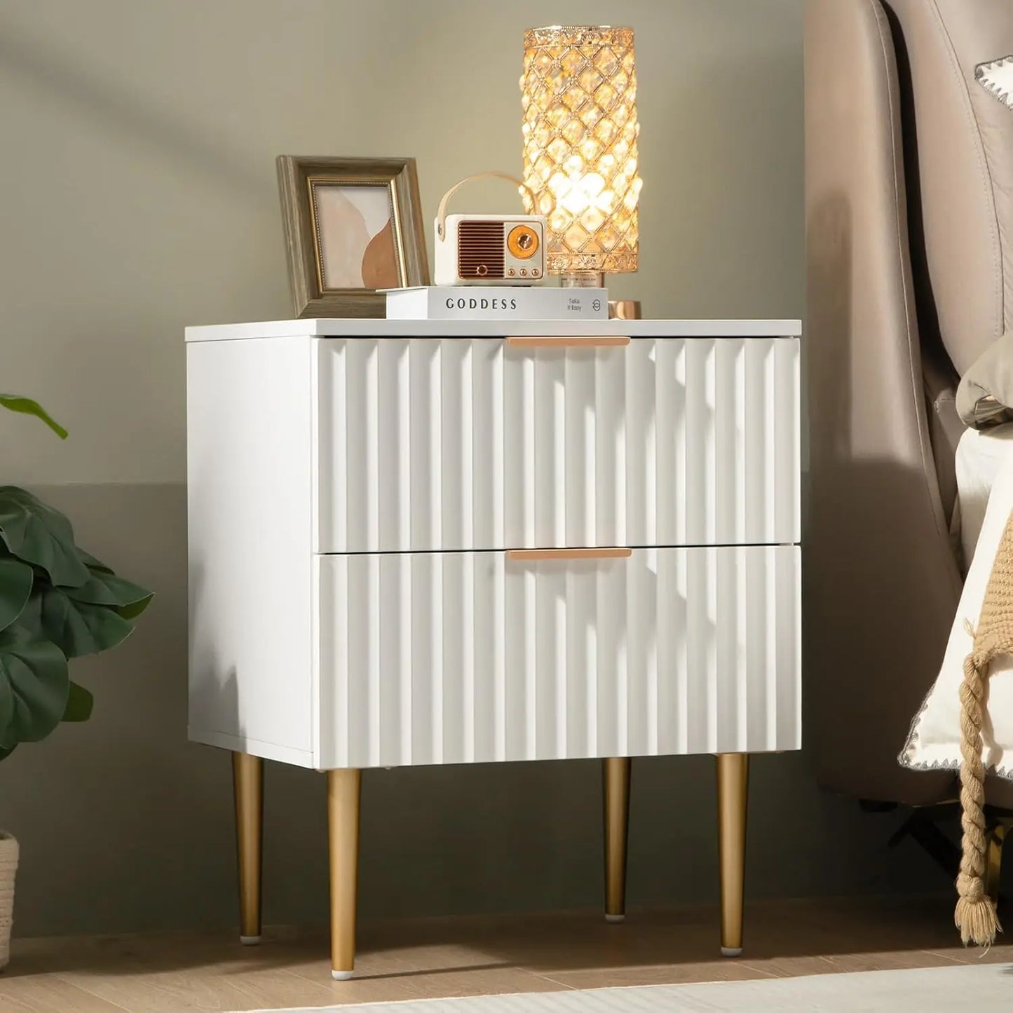 Modern Fluted Night Stand Set 2 Storage Bedside Table with Drawers