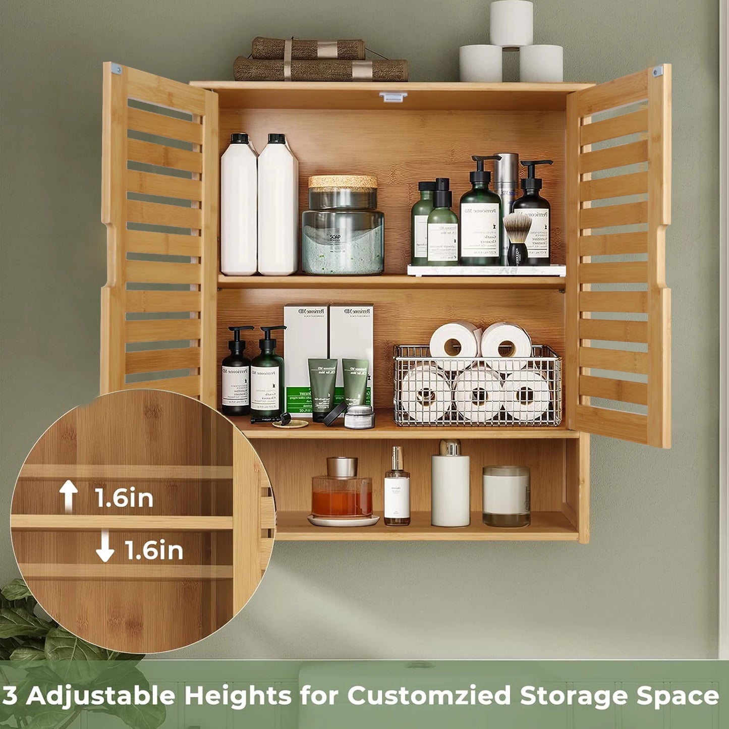 Wall Mounted Bathroom Bamboo Storage Cabinet Medicine Shelf
