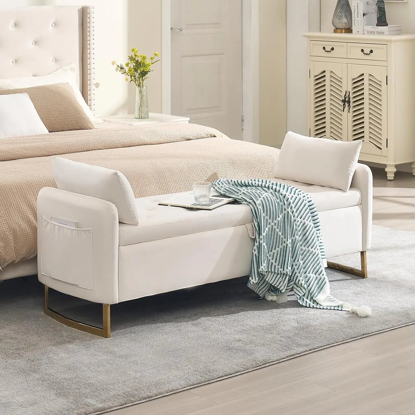 65 Inch Storage Ottoman Bench Tufted Upholstered End of Bed Furniture