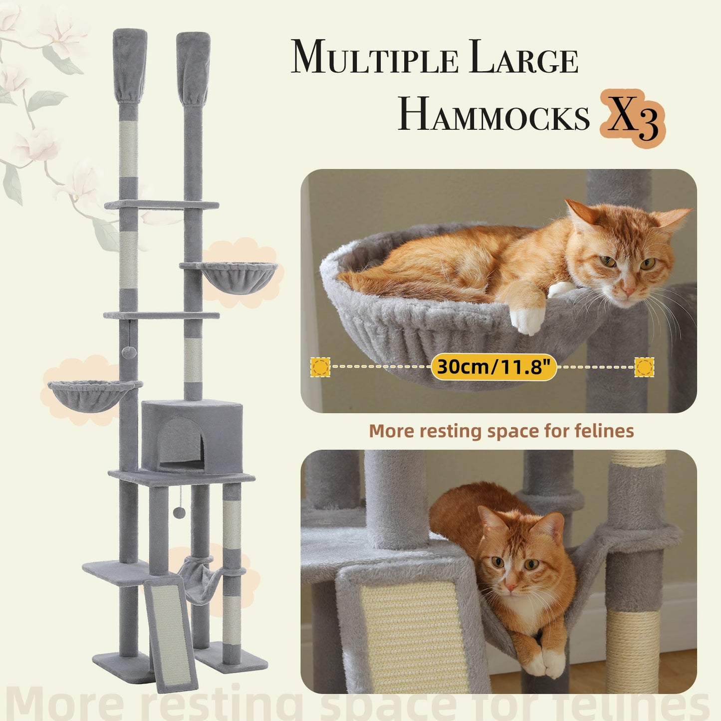 Cactus Cat Tree Floor to Ceiling Cat Tower 7 Tiers with Hammocks and Scratching Posts