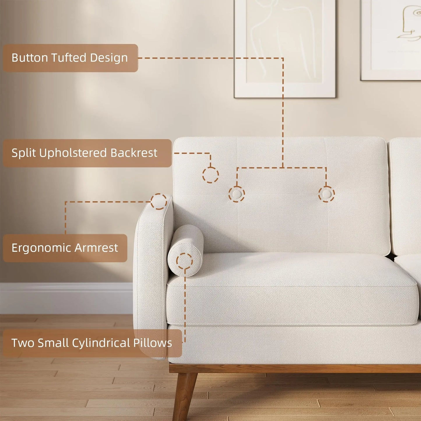 Ljustra 65 Inch Mid Century Modern Loveseat Sofa Couch Linen Upholstery