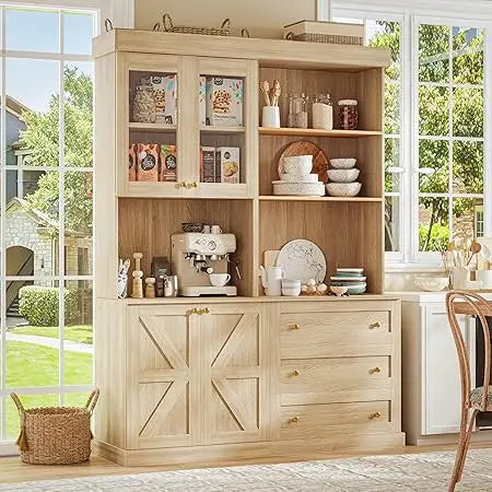 71 Inch Farmhouse Kitchen Pantry Cabinet Storage Coffee Bar Microwave Stand
