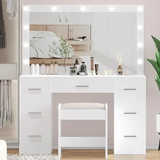 Ljustra Vanity Desk with Lighted Mirror Adjustable Brightness 7 Drawers