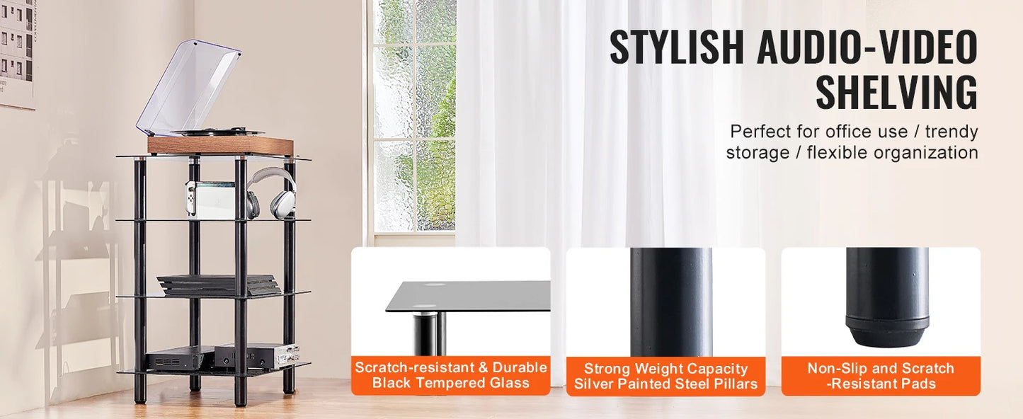 Ljustra 4-Tier AV Media Stand Adjustable Tempered Glass DVD Storage