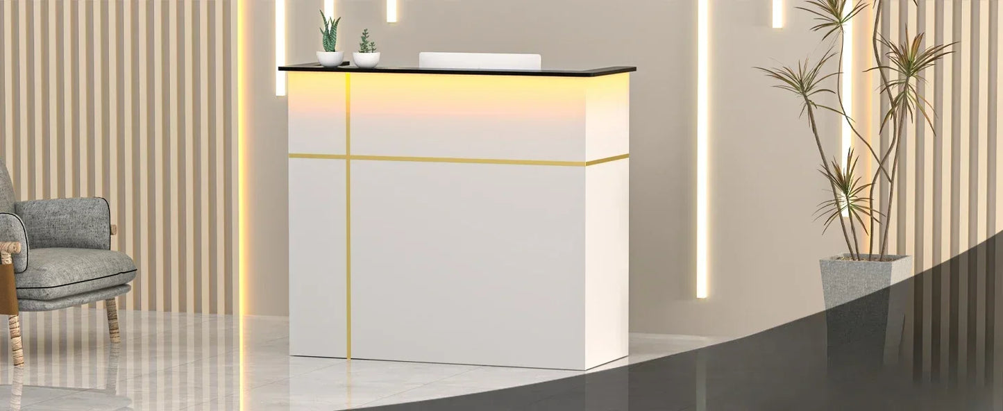 Reception Desk with LED Lights Modern Checkout Counter with Storage Lockers