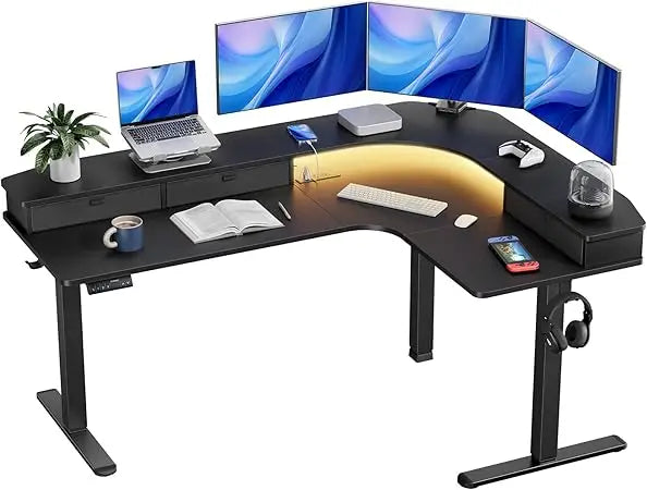 65 Inch L Shaped Electric Height Adjustable Standing Desk with Power Outlets
