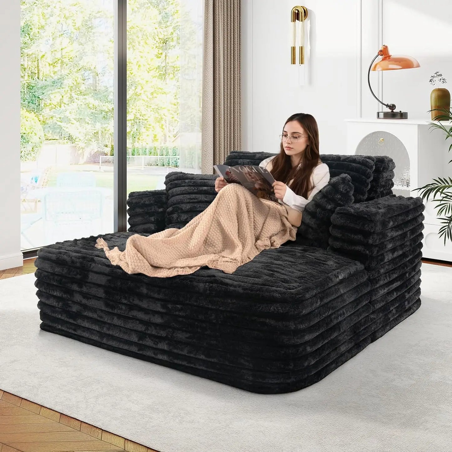 Ljustra Faux Fur Sleeper Chaise Sofa Oversized 60" Deep Cloud Couch Bed Black