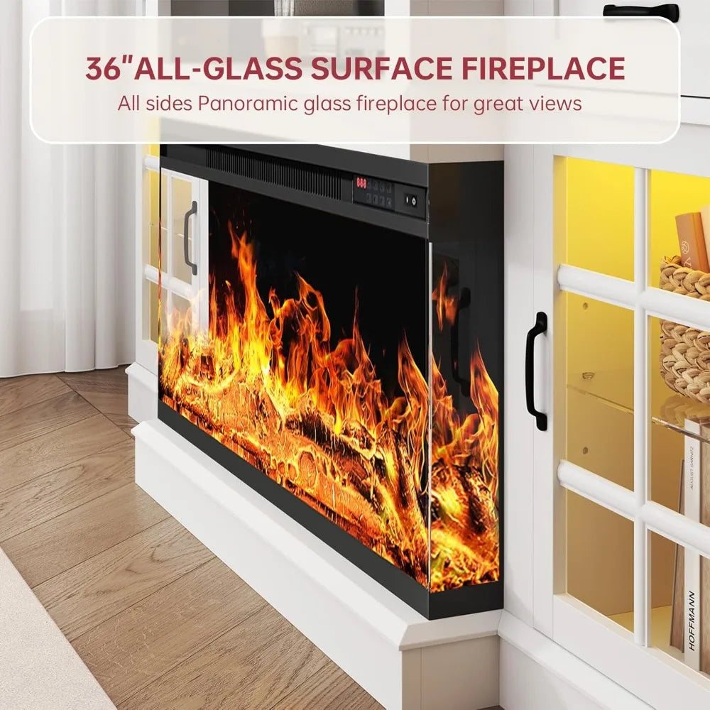 70 Inch Fireplace TV Stand Glass Electric Fireplace Farmhouse Style