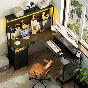 L Shaped Desk with Pegboard LED Lights and Power Outlets for Gaming