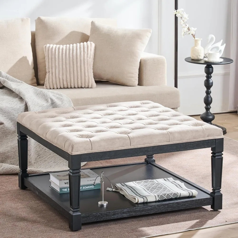 Large 35 Inch Square Storage Ottoman Coffee Table with Tufted Top
