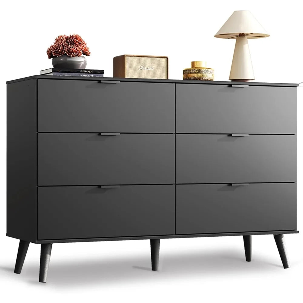 Black Dresser 6 Drawer Modern Storage Organizer TV Stand 55 Inch