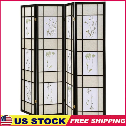 Traditional Wood Four Panel Floral Folding Room Divider Privacy Screen