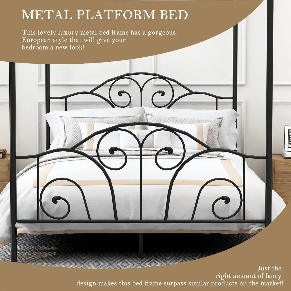 Full Size Four-Poster Metal Canopy Bed Frame with Headboard and Footboard