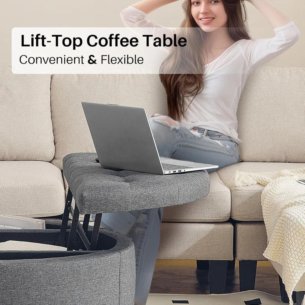 Ljustra Round Storage Ottoman Coffee Table Upholstered Lift Top 35 Inch