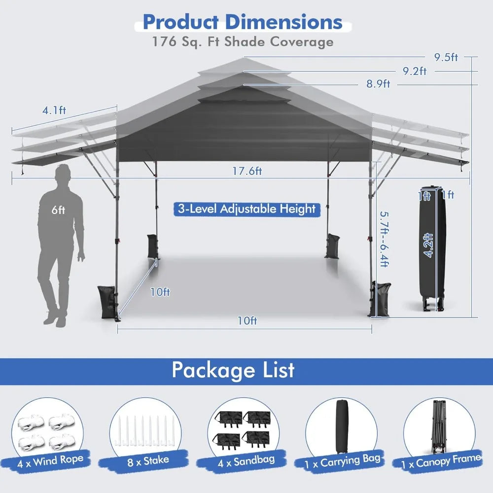 Pop Up Canopy Tent 10x17.6 Ft Adjustable Dual Awnings Portable Outdoor