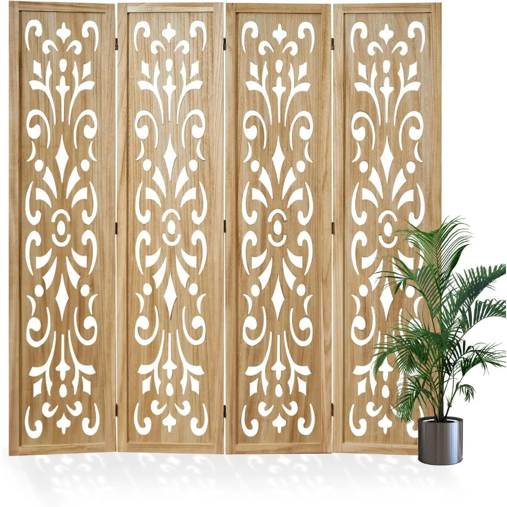 5.6Ft Room Divider Folding Wood Carved Partition Screen 4 Panels