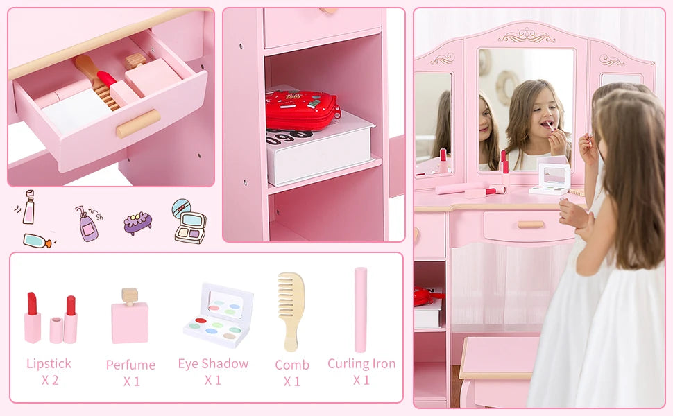Girls Vanity Table and Chair Set Kids Makeup Dressing Table Wood Toy