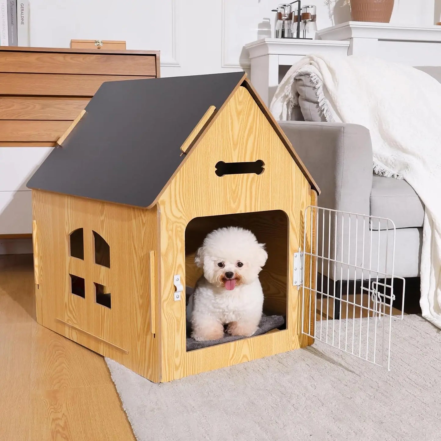 Cozy Wooden Indoor Dog House for Small Dogs and Cats with Air Vents
