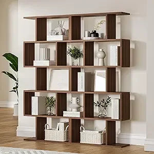 Oak 5-Tier Geometric Bookcase S-Shaped Display Shelf Set of 2