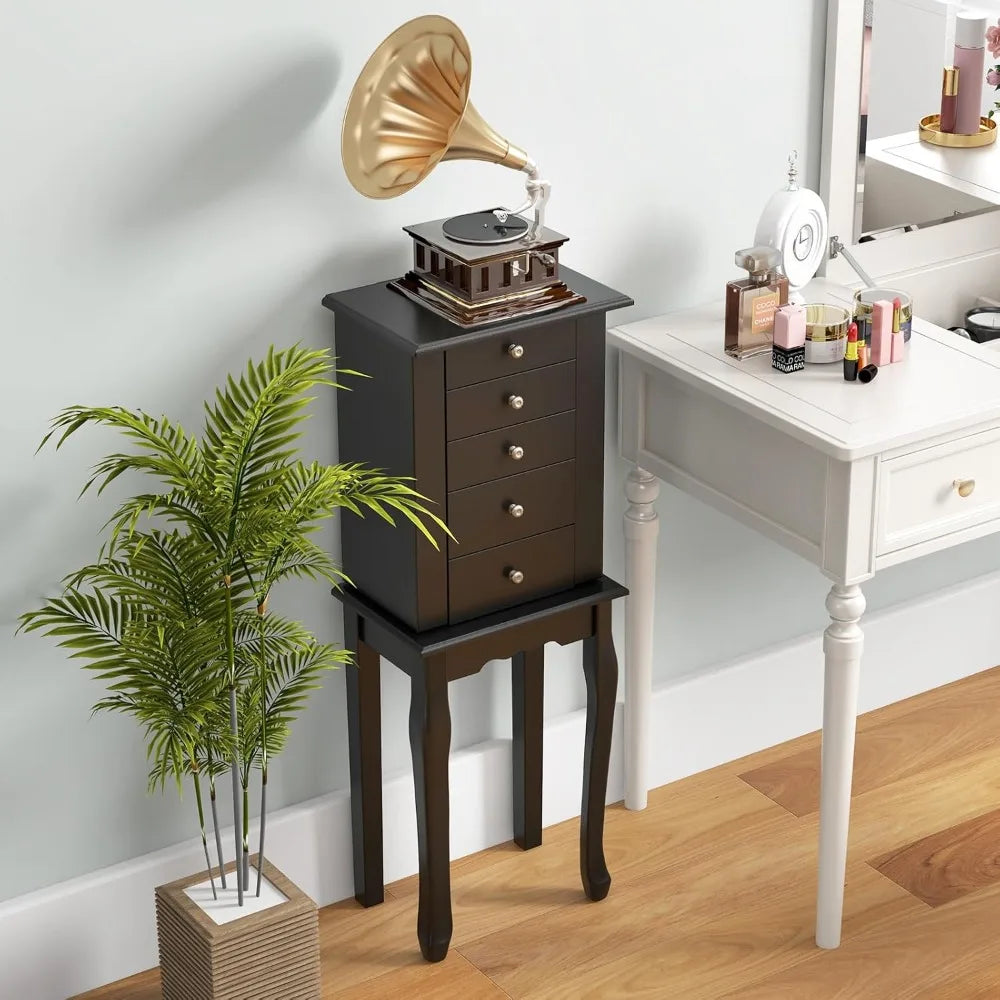 Jewelry Cabinet Armoire Chest with 4 Drawers Flip Top Mirror Hooks