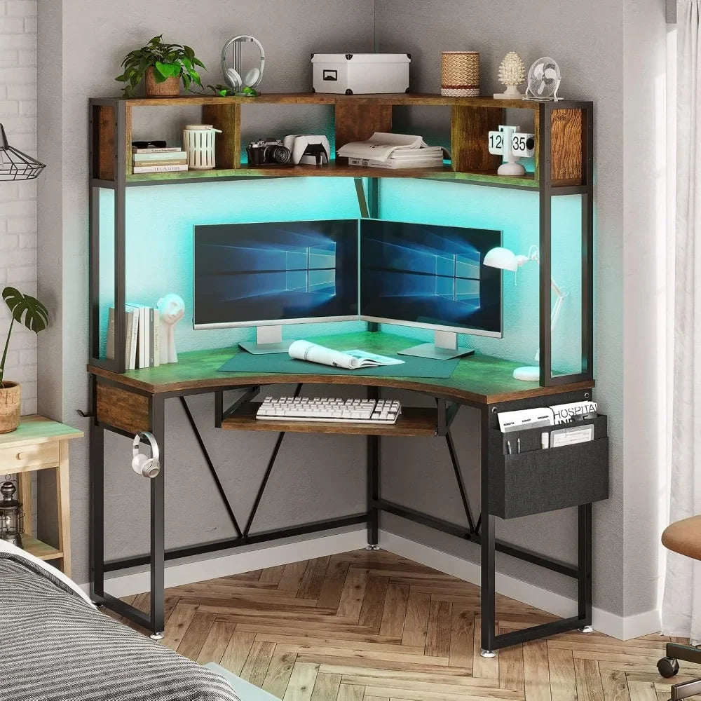 Ljustra Corner Desk Small Computer Desk with Hutch LED Lights