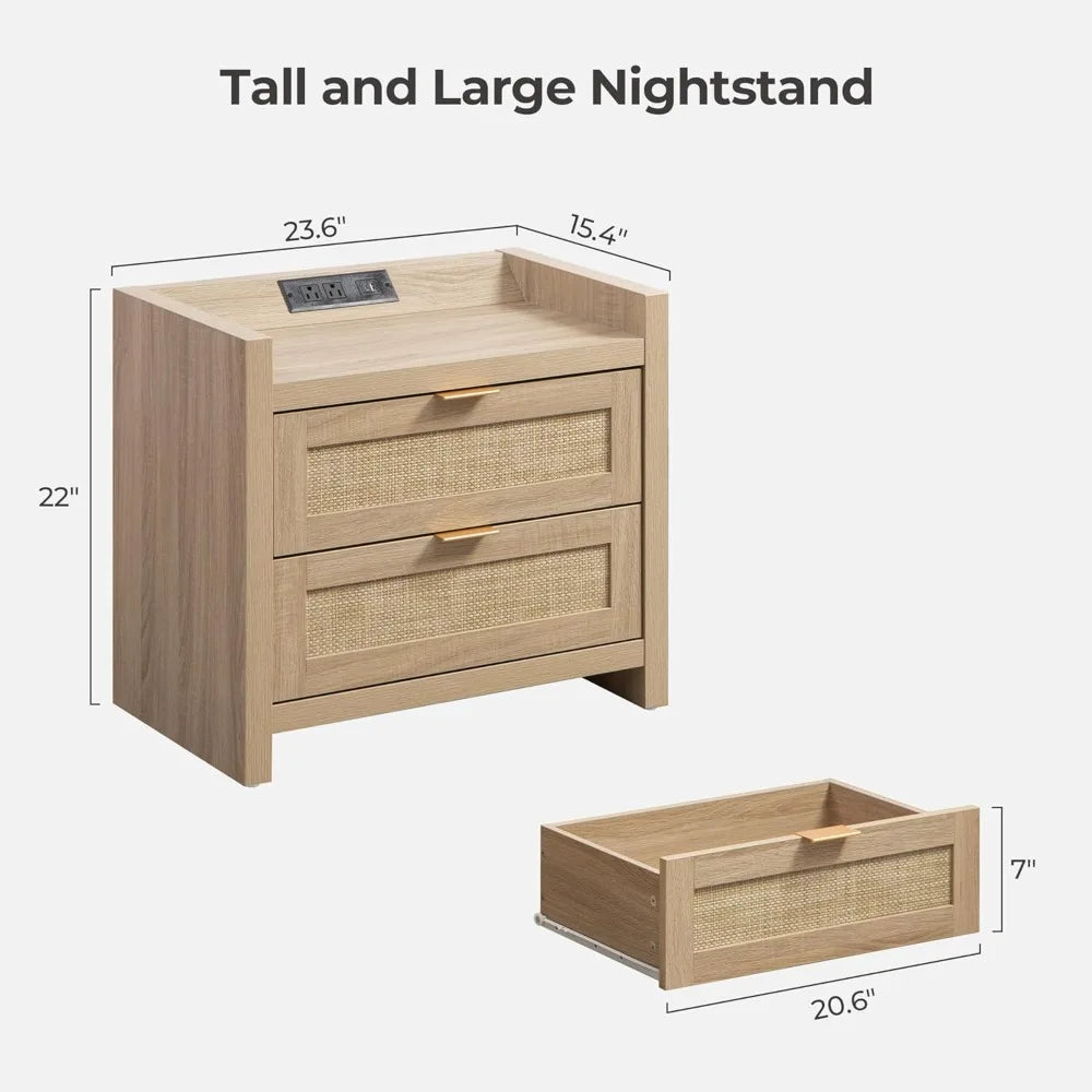 Rattan Nightstand with Type-C Charging Station 2 Drawers Storage