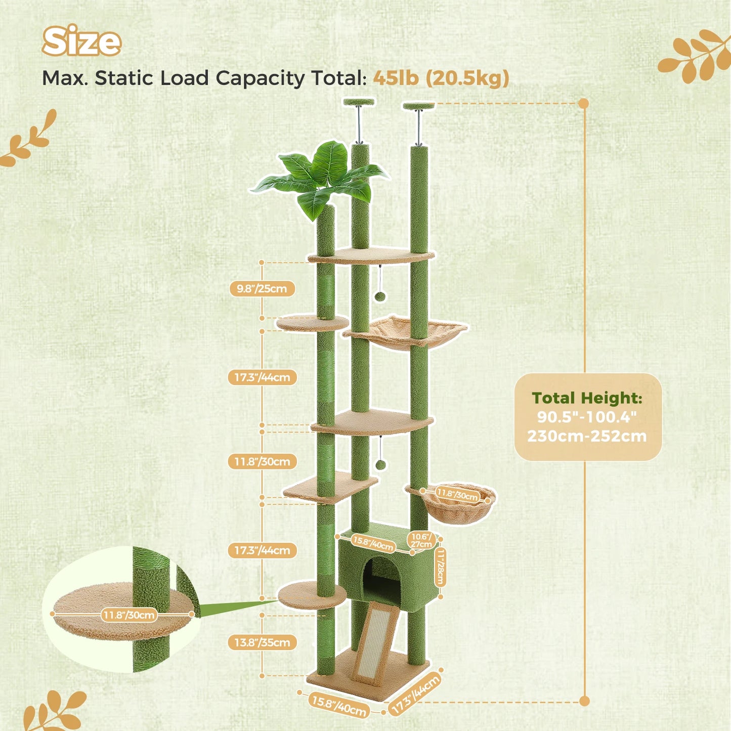 Floor to Ceiling Cat Tree Adjustable Height Wooden Tower with Scratching Posts