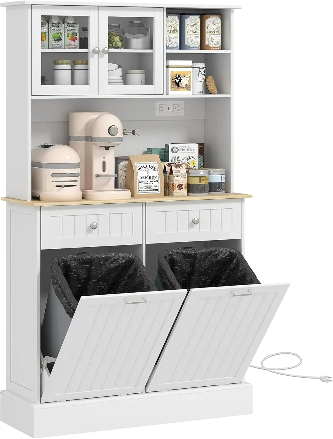 68 Inch Kitchen Pantry Cabinet with Charging Station and Trash Can Storage