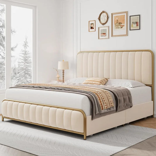 Upholstered Queen Size Bed with Storage Drawers Heavy Duty Frame